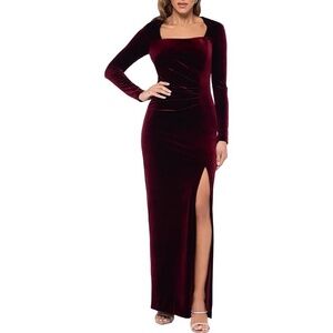 NWT Xscape Women's Red Velvet Long-Sleeve Front-Slit Gown Dress - size 8